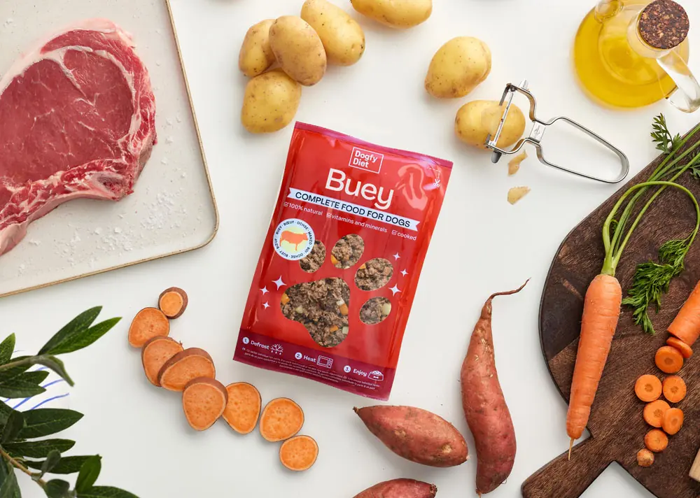 Muestra de comida natural para perros de buey